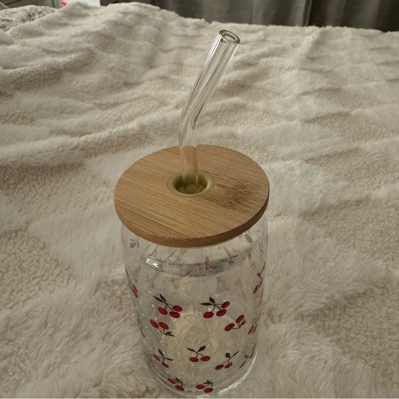 Cherry Glass Cup With Glass Straw. - Picture 2 of 2